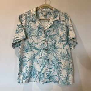 Vtg 100% Silk Tropical Print Women's Button Down Shirt XL Hawaiian Palm